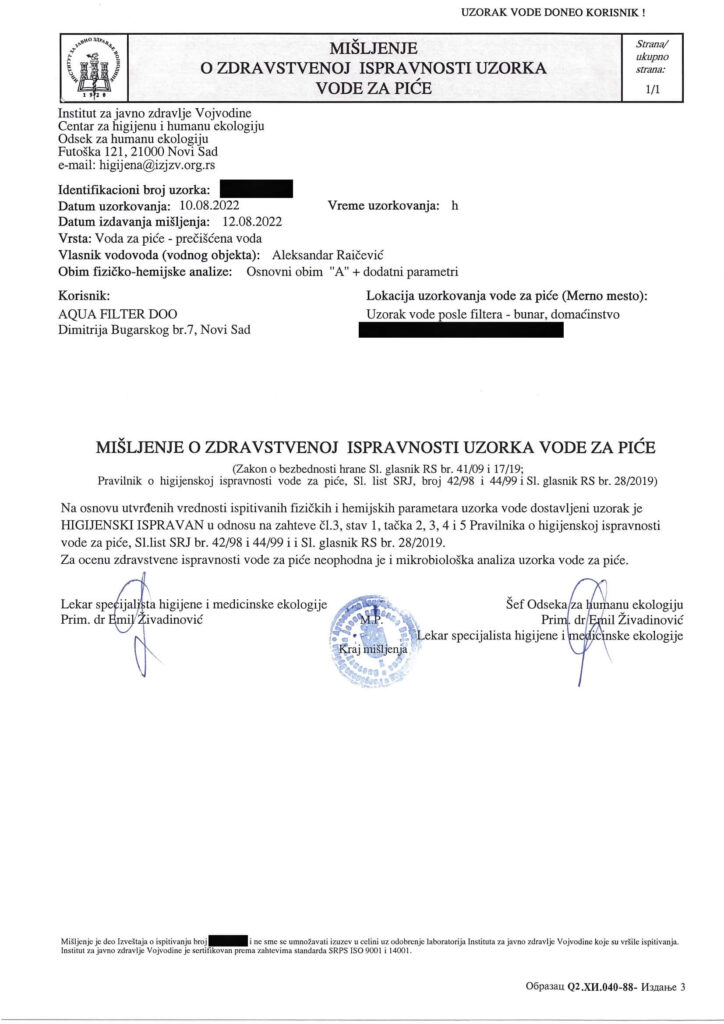 Analiza vode za piće nakon filtriranja